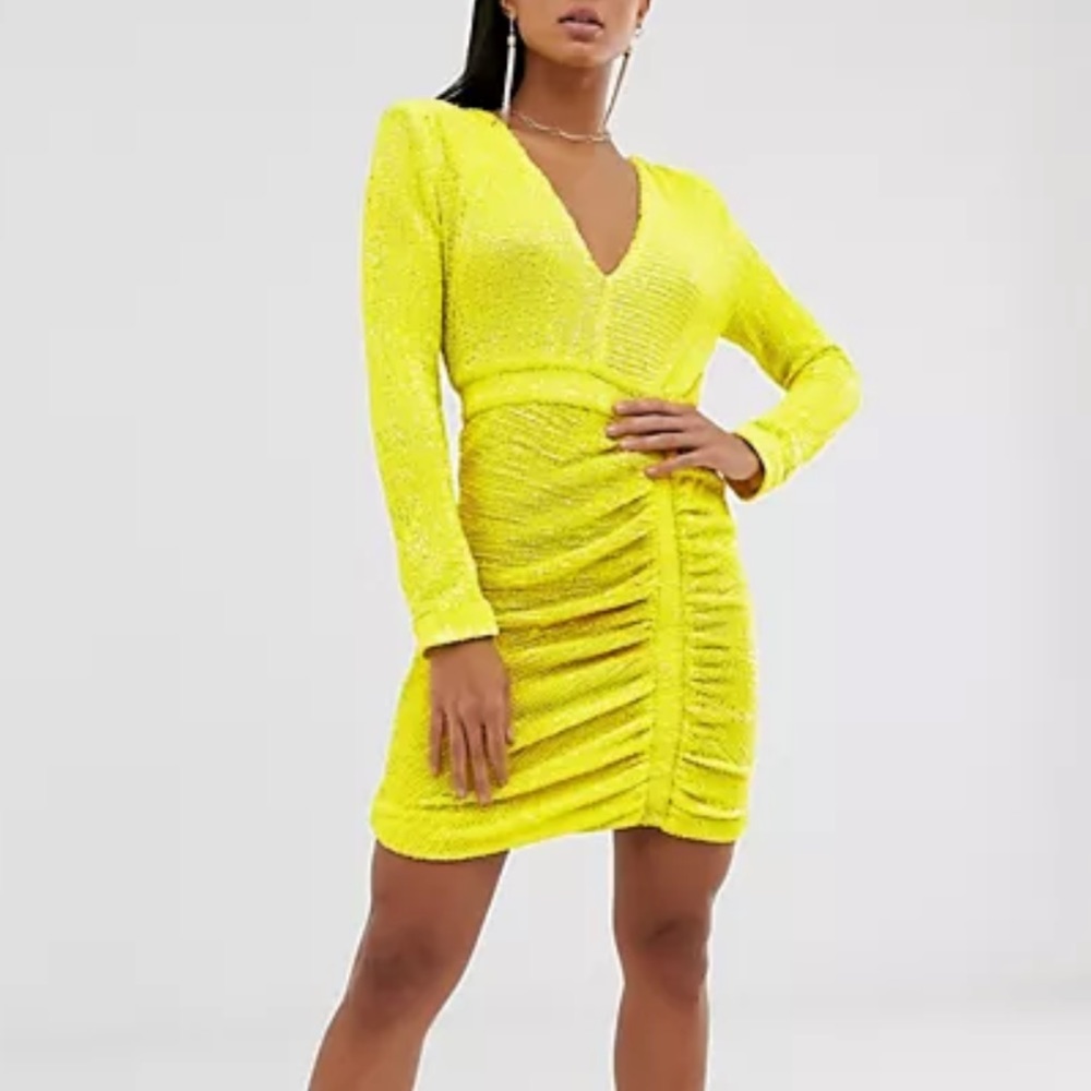 Lavish Alice pleated sequin mini dress in acid yellow